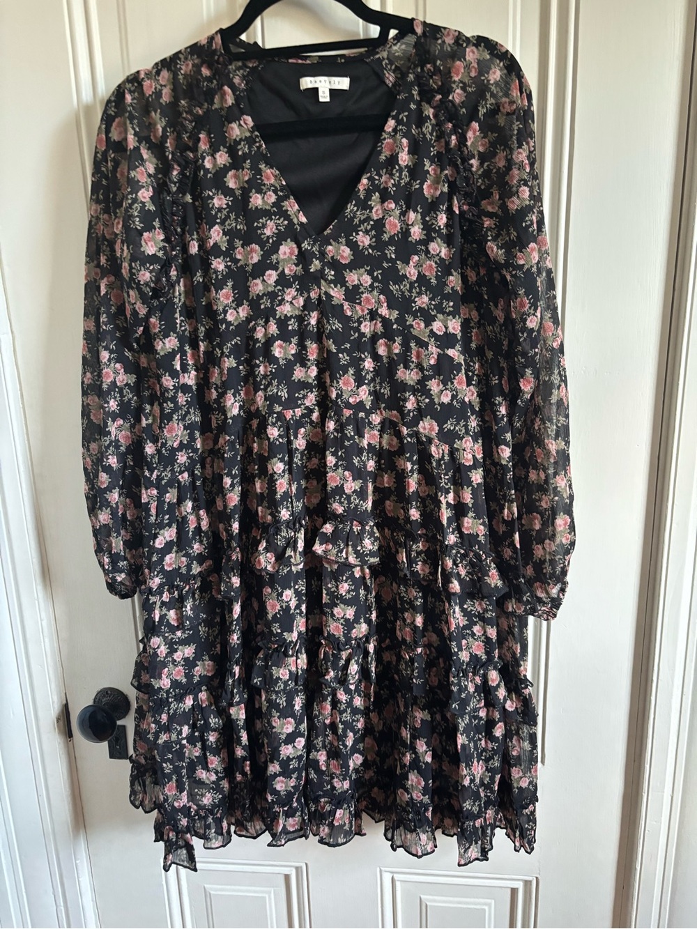 Black Floral Tiered Women’s Dress with Pink Roses - Casual